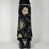 Bxoxo Gothic Vintage Skirt Women Florals Print Y2k Mesh Long Skirt Elegant Fashion A-line Layered Skirts Streetwear Aestheics