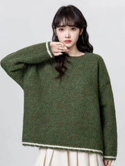 Bxoxo Cute Retro Green Sweaters Women Preppy Style Loose O Neck Long Sleeve Knitted Jumper Japan Vintage Sweet Female Simple Pullovers