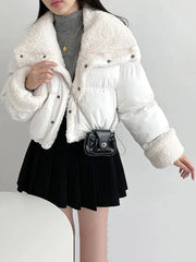 Bxoxo Plush Lamb Warm Jacket for Women Fashion Patchwork Double Sided Wear Crop Coats Y2K Streetwear Loose Lapel Solid Outwear New