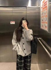 Bxoxo Slouchy Knit Cardigan for Women Rib-knit Pockets Front High Neck Button Up Sweater Jacket Coat Female Autumn Winter Basic Outfit