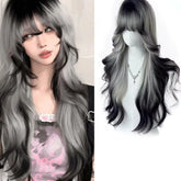 BXOXO synthetic Long Body Wave Black And Gray Gradient Cosplay Wigs Heat Resistant Synthetic Wigs Bangs Natural Lolita Wigs For Women