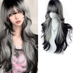 BXOXO synthetic Long Body Wave Black And Gray Gradient Cosplay Wigs Heat Resistant Synthetic Wigs Bangs Natural Lolita Wigs For Women