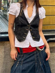 BXOXO Women Y2K Aesthetic Denim Vest Coat Sleeveless V Neck Button Down Crop Top Summer 2000s Gothic Grunge Kawaii Tank Top Streetwear