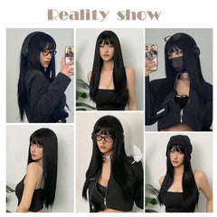 BXOXO Synthetic Long Silky Straight Wigs with Bangs Black Cosplay Party Lolita Hair Wigs for Women Natural Heat Resistant Wig