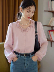Bxoxo Elegant 3D Floral Blouse Women Vintage Sweet O Neck Long Sleeve Shirt Fall French Retro Casual Female Ruffles All Match Pink Top