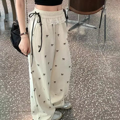 Bxoxo Fashion Lace Patchwork Women Casual Pants Summer Loose Preppy Bow Print Jogging Pants High Waist All Match Straight Trousers