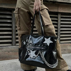 BXOXO Gothic Tote Bag Trendy Harajuku Chain Handbag for Women Spring Punk High Street Girls Casual Black PU Leather Bag