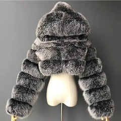 BXOXO High Quality Furry Cropped Faux Fur Coats and Jackets Women Fluffy Top Coat With Hooded Winter Fur Jacket Manteau Femme
