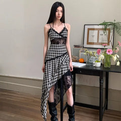 BXOXO Black And White Plaid Women's Dress Lace Splicing Irregular Hem Slimming Strap Long Dress Design Sense Niche Sleeveless