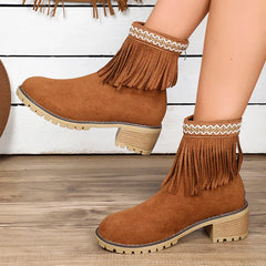 BXOXO Womens Fashion Embroidered Ankle Boots Comfort Thick Wedge Heel Zipper Tassel Faux Suede Short Boots Cowboy Cowgirl Shoes 2024