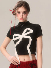 Bxoxo Cropped Slim Y2K T Shirt Women Streetwear Bow Print Sexy Short Sleeve Tees Vintage American Gothic Harajuku Black Tops New