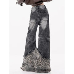 Bxoxo Y2k Vintage Patchwork Leopard Women Jeans Harajuku Washed Wide Leg Korean Fashion Denim Pants Baggy Trousers Streetwear