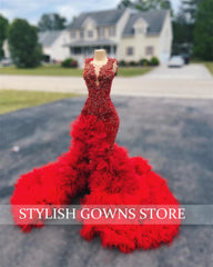 BXOXO Red Long Prom Dress For Black Girls Beaded Crystal Birthday Party Dresses Ruffles Evening Gown Mermaid High Slit Customized