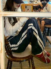 Bxoxo Korean Lace Patchwork Women Harajuku Casual Trousers Wide Leg Pants High Waist Pant Y2k Aesthetic Joggers Hip Hop Pantalones