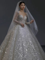 BXOXO Luxury Sequined Wedding Dresses Backless With Bow Lace Up A Line Pearl Long Sleeves Sweetheart Sweep Train Elegant Bridal Gowns