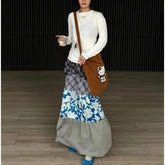 Bxoxo Japanese Style Plaid Skirt Women Vintage Harajuku Y2k Patchwork Long Skirts Autumn Winter Streetwear Retro Ruffle Skirt