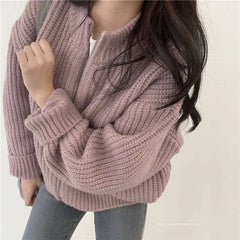 Bxoxo Women's Zip Up Sweater Cardigan Chunky Knit Stand Collar Zipper Front Plain Sweater Jacket Ladies Korean Chic Fall Winter Outfit