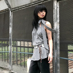 BXOXO Japanese Y2k Tank Tops Women Striped Backless T-shirts Sleeveless Streetwear American Retro Camis Aesththic 2000s Tops