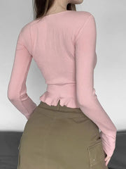 BXOXO Pink Long Sleeve Top Women Coquette Girl Aesthetic Sexy Lace Patchwork Square Collar Bandage Slim T-shirt Y2k Crop Top