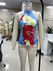 BXOXO Boho Graphic Print Backless Camis Women Y2k Halter Tank Top Vintage Sleeveless Tie Up Crop Top Summer Vest Streetwear