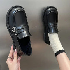 BXOXO Gothic Lolita Heart Buckle Women's Loafers Mary Jane Shoes Women Cute Kawaii Chunky Platform Flats Fashion Designer Leather Shoe