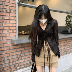 Bxoxo Women Streetwear Shirts Fashion Lace Up Long Sleeve Blouse Korean Y2K Casual Female Loose Sun Protection Shirts Spring New