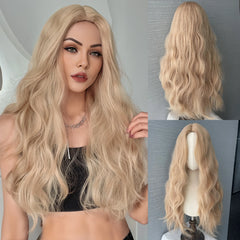 BXOXO Golden Curly Wave No Bangs Wigs 26 Inch Fiber Synthetic Heat-resistant Deep Wave Wig Party or Selfie