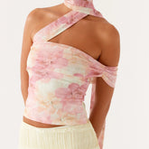 BXOXO Y2k Strapless Floral Tube Top with Neck Scarf Shirt One Shoulder Mesh Ruched Crop Tank Going Out Top for Women