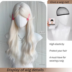 BXOXO 24 Inch Synthetic White Water Curly Wave Wigs Separate Bangs Wig Heat-Resistant Natural Soft Cosplay Hairpiece For Women