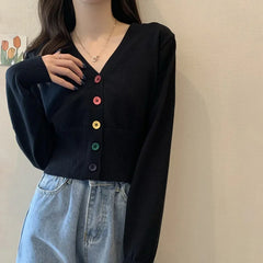 Bxoxo Autumn and Winter Little Fresh Colorful Buttons Younger Slim-Fit Slimming V-Collar Cardigan Long-Sleeved Sweater Top for Women