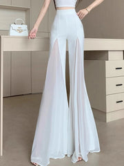 Bxoxo Chic Mesh Patchwork Flare Pant Women Casual Fashion Loose High Waist White Trousers Elegant Design Lady Summer Sweet Pants