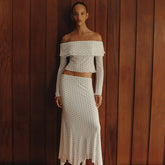 Bxoxo Polka Dot Lace Long Sleeve Off Shoulder Crop Tops + Elegant Bodycon Long Dress Fall Fashion Vacation Beach 2 Piece Set