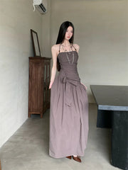 Bxoxo Ruched Backless Halter Maxi Dress For Woman Summer 2025 Tunic Ball Gown Strapless Long Dress Elegant Party Clothes