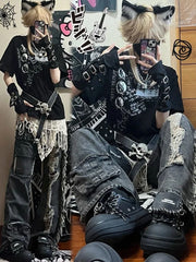 BXOXO American Heavy Hole Denim Cargo Pants Y2k E-Girl High Waist Street Straight Trousers 2025 Summer New Loose Bell Bottom Jeans