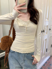 BXOXO FALL OUTFIT T-shirts Women Floral Fake Two Pieces Korean Fashionable Designed All-match Hotsweet Y2k Tops High Street Basic Clothes Fairy