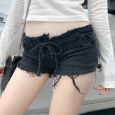 Bxoxo New Summer Europe and America Fashion Sexy Hottie Low Waist Ripped Ladies Denim Shorts Zip Up Lace-Up Hot Pants Jeans