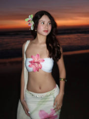 BXOXO Vacation Pretty Women Two-Piece Set 3d Flowers Bandeau Mini Top+See Through Print Bottoms Beach Party Matching Suits