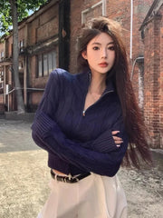 Bxoxo Vintage Turtleneck Zipper Cardigan for Women Autumn Loose Long Sleeves Knitted Sweaters Y2K Ladies Soft All Match Jumpers