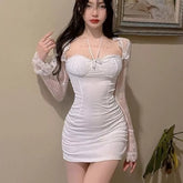 BXOXO Womens Lace Patchwork Sheer Sleevest Temperament Evening Dress Summer Woman Birthday Club Party Sexy Bodycon White Mini Dress
