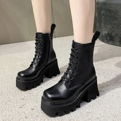 BXOXO Punk Goth Ankle Boots Women Black Chunky Wedge Platform Shoes Woman Lace Autumn Patent Leather Footwear Lady Botas Mujer
