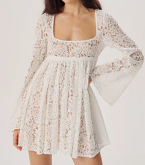 BXOXO Fashion Women Spring Summer Mini Dress White Long Sleeve Square Neck Lace See Through Floral Party Cocktail Dress