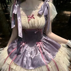 Bxoxo Victorian Sweet Lolita Dress Women Kawaii Bowknot Print Ruffles Party Mini Dresses Japanese Vintage Elegant Mesh Princess Dress