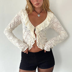 BXOXO Sexy Women Sheer Lace Cardigan Tops Ruffled Trim Long Sleeve V-Neck Summer Sun Protection Tops Y2k Shirts