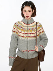 Bxoxo Vintage Harajuku Print Cardigan Sweaters Women Soft Streetwear Long Sleeve Knitted Jacket Retro American Casual Zipper Gray Tops