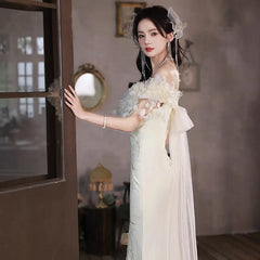 BXOXO Beige white light luxury fairy evening dress new line shoulder waist fish tail banquet evening dress