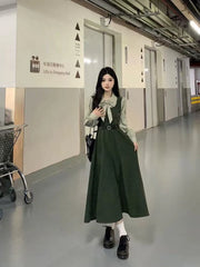 Bxoxo Y2K Fake 2 Piece Long Sleeve Midi Dress Women Autumn Chic Preppy Bow Tie Lapel Shirt Elegant Office Lady Casual Fake Two Pieces