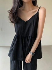 Bxoxo Chic Summer V-ne Casual Wide-leg Pants Set with Pleated Top + High-waist Faionable Women's Ensemble