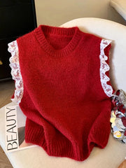 Bxoxo Lace Patchwork Sweet Sweater Vest Women Vintage O Neck Casual Knitted Tops Korean Preppy Style Lady Lazy Wing Cute Vest New