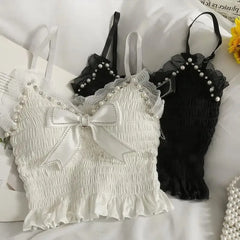 BXOXO Summer Lace Bow Camisole for Women Pleated Crop Tops Vintage Clothes Harajuku Solid Sexy Ladies Sweet Elegant Camisole