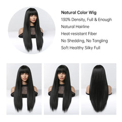 BXOXO Synthetic Long Silky Straight Wigs with Bangs Black Cosplay Party Lolita Hair Wigs for Women Natural Heat Resistant Wig